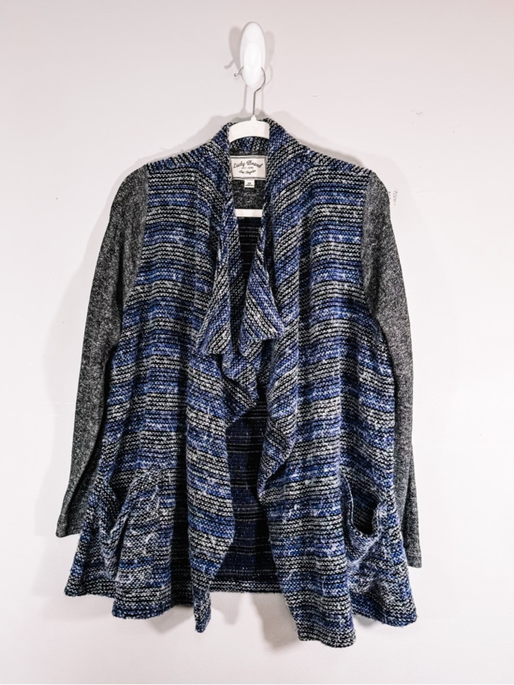 Lucky Brand Waterfall Open Tweed Cardigan Sweater Blue Mixed Media Wool Blend 2X